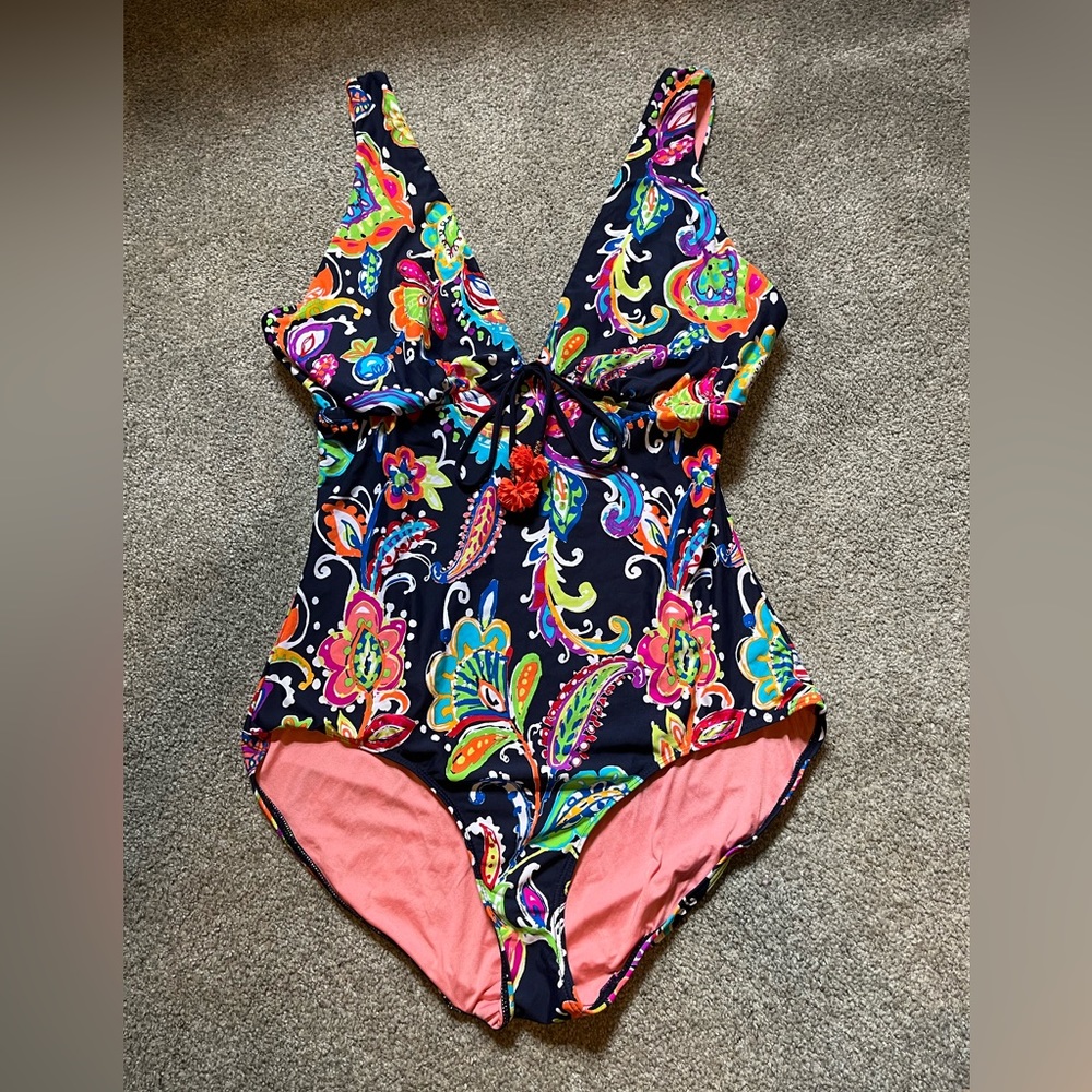 Women’s ANNE COLE Navy Colorful Floral One Piece Swimsuit sz 16